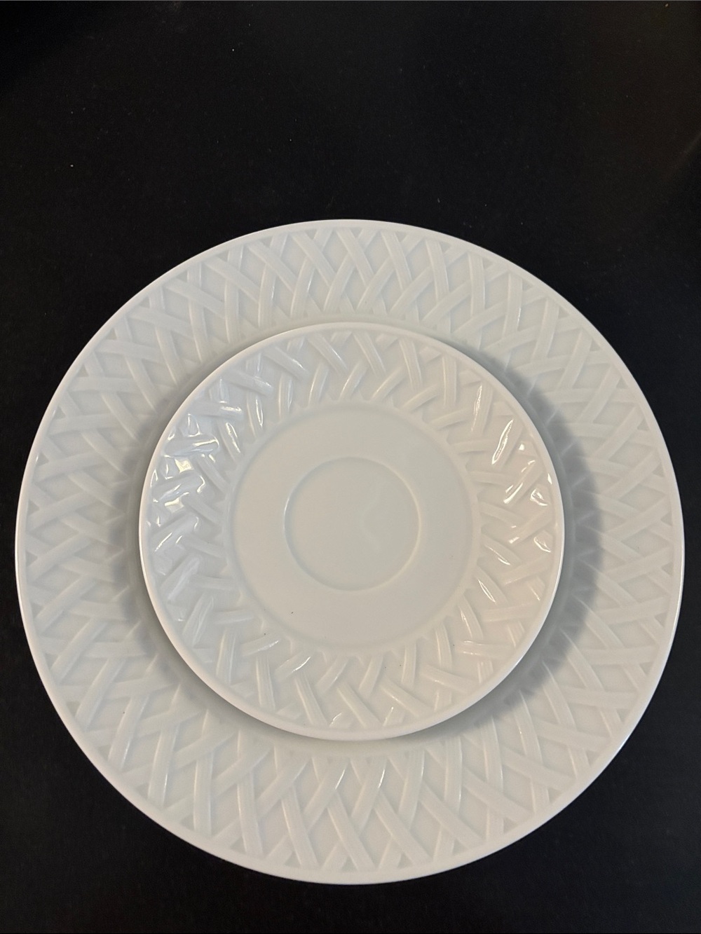 Limoges Porcelain White Dinner Plate and Saucer Set - Woven or Lattice Texture
